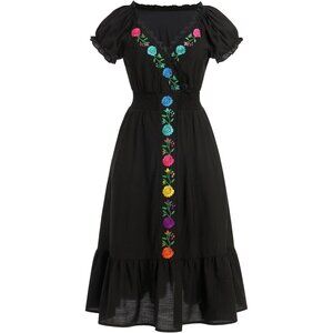 Women Mexican Dress Floral Embroidered Fiesta Party Summer V-Neck Short